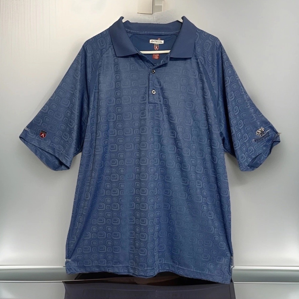 Antigua Blue Geometric Design Polyester Golf Shirt Meadowbrook Golf Course XL